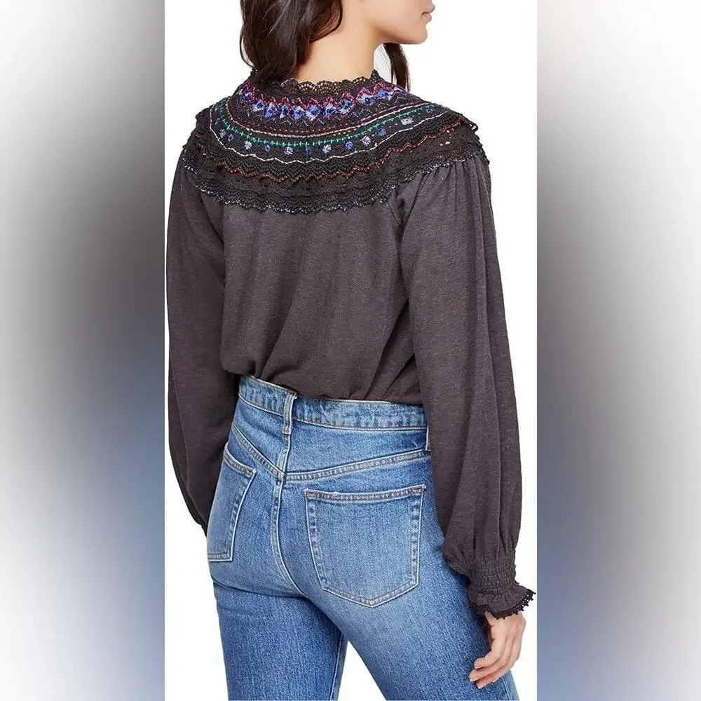 Free People Siesta Fiesta Crochet Top in Black Combo Size XS.
